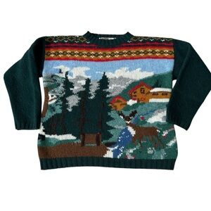 Vintage 100% Wool Sweater Cabincore Grandpacore Landscape Mountain Deer, Large